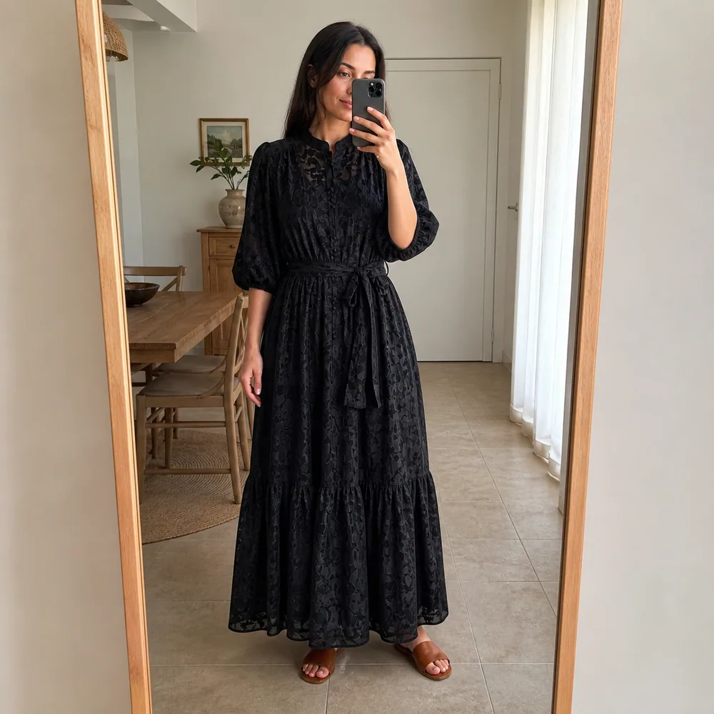 Customer wearing a Tsniout outfit